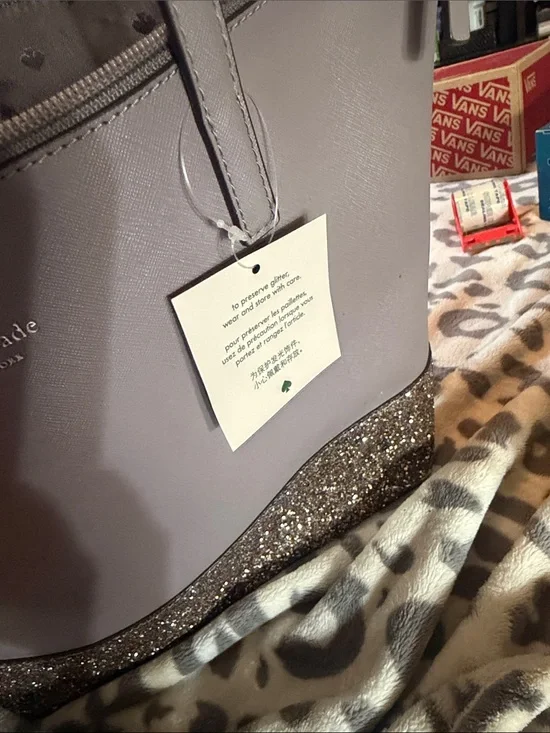 Kate Spade Greta Court Penny Cityscape Glitter Tote Bag Taupe Gray