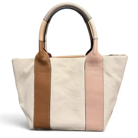 See by Chloé Ivory Canvas Tote Bag Tan Blush Leather Trim Dual Handle w/ COA