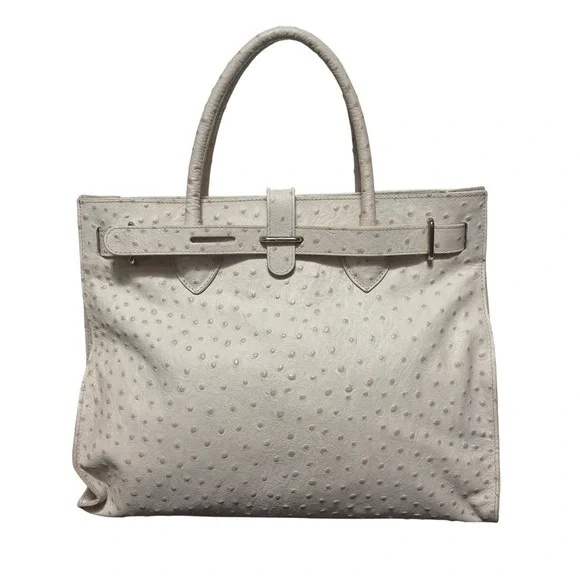 Furla Cream Ostrich Embossed Leather Satchel Double Handle Tote Handbag Women OS
