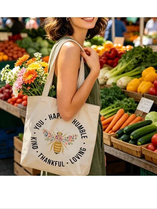 Everyday Canvas Tote Bag with Floral Bee Print - Natural