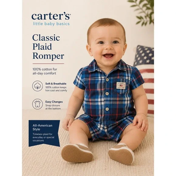 5/$25 Carter's 9 Months Blue Red Plaid Short Sleeve‎ Romper Button Front Cotton