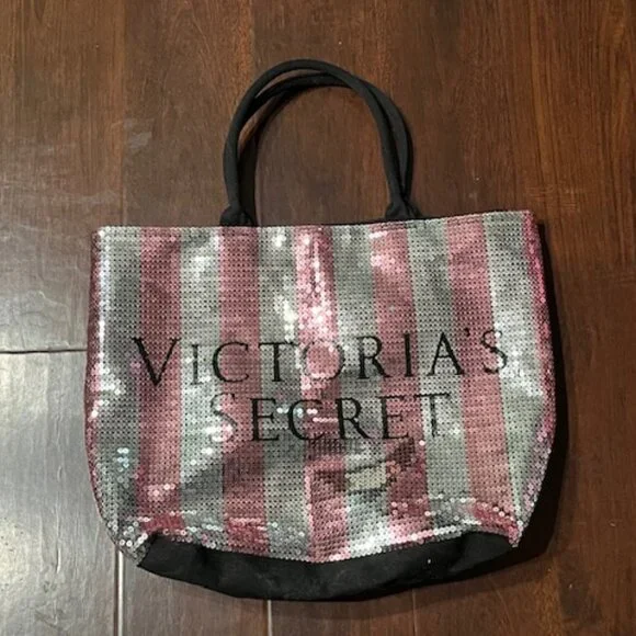Victoria's Secret Pink Silver Stripe Sequin Bling Weekender Tote Bag