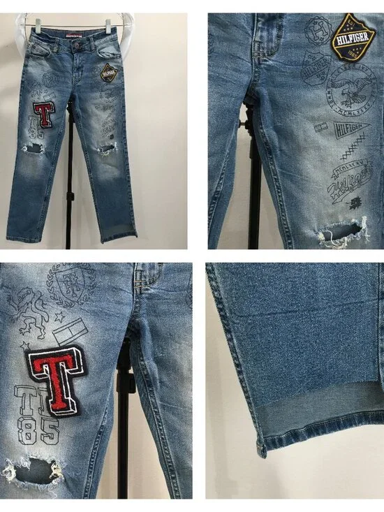 TOMMY HILFIGER Distressed Cut Step Hem Adj Waist Distressed Applique Logo Jeans