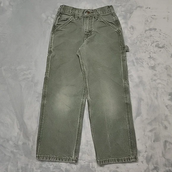 Carhartt Pants Boys 10 Green Y28 MOS Carpenter Rugged Canvas Workwear