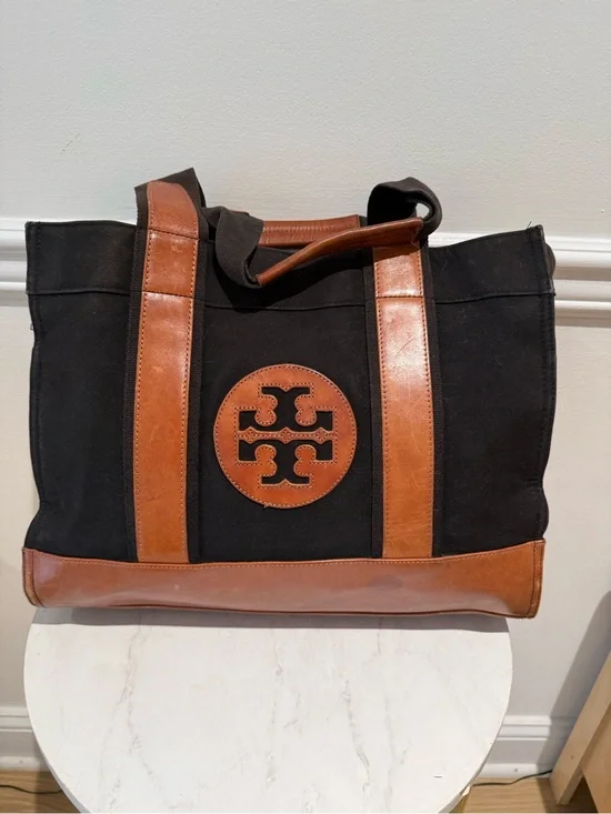 Tory Burch Black Canvas Tote with Brown Leather Trim