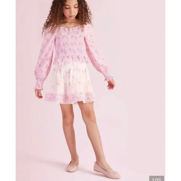 LoveShackFancy for Target Tiered Skirt age 12 pink New Floral Lace Smocked Mini