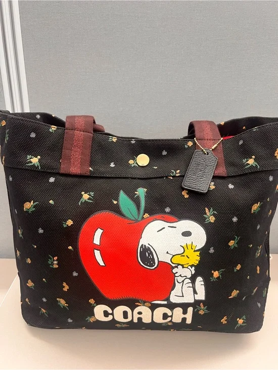 Coach Black Canvas Tote with Red Apple Snoopy Graphic