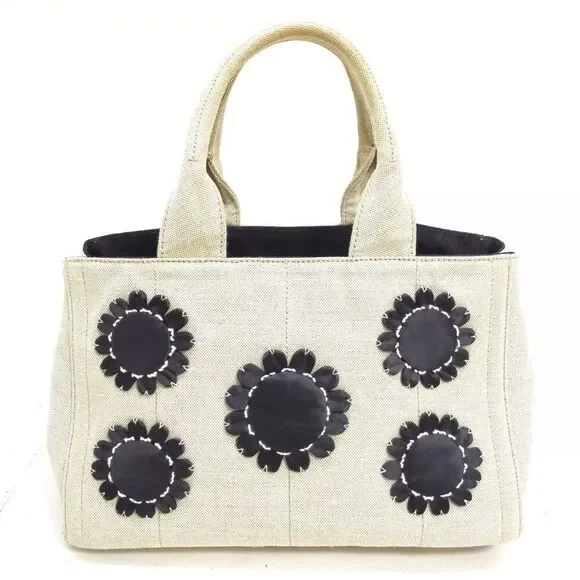 Auth Prada Canvas Linen Floral Canapa Tote Bag