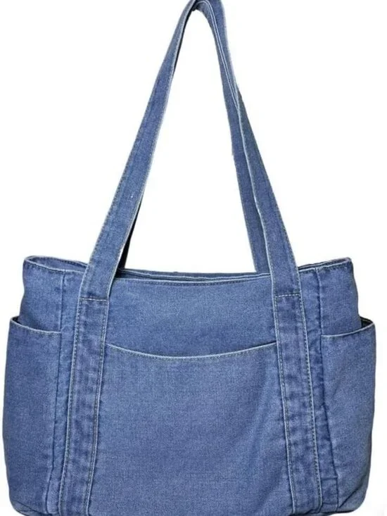 Stylish Light Blue Denim Tote Bag, Multi-Pocket Canvas Handbag for Women