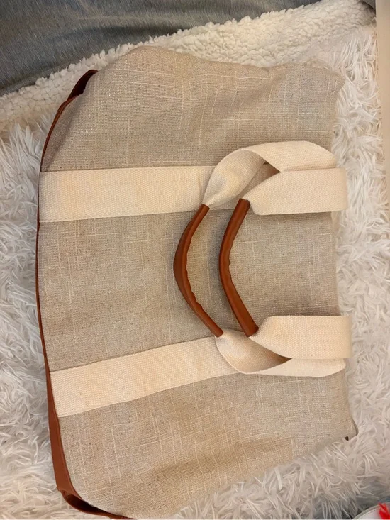 Bath & Body Works Beige Canvas Tote with Cream Straps and Brown Trim