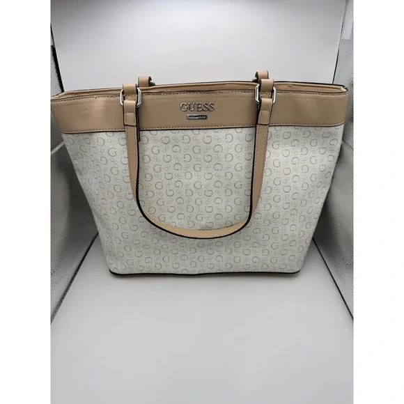 GUESS Tote Bag Womens Large Cream Tan Good Monogram Logo Print Shoulder Bag