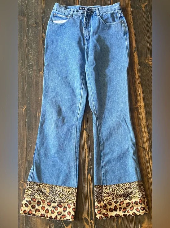 Classic Y2K Vintage RVT Teen  Blue Denim Jeans with Leopard Cuff  Girls size 16
