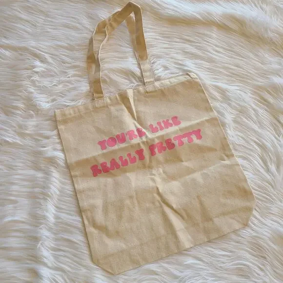 Y2K You're Like Really Pretty Tote Bag Purse Pink Cotton Market Book Bag Boho