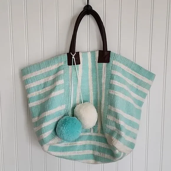 Crown & Ivy Retro Stripe Beach Tote Pom Bag