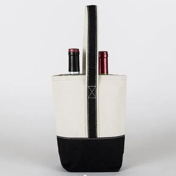 ShoreBags Ivory Black Canvas Double Bottle Wine Nautical Style Tote Bag