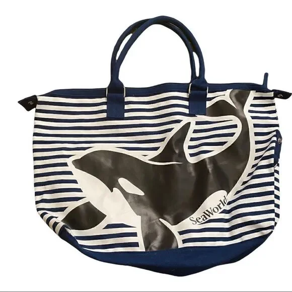 Sea World Duffle Tote Bag Navy Blue White Striped Shamoo