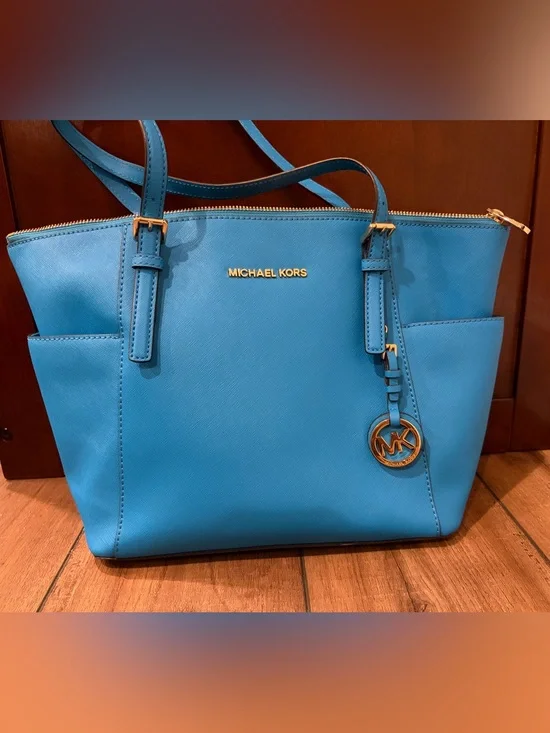 MICHAEL Michael Kors Turquoise Saffiano Top-Zip Tote with Gold Hardware