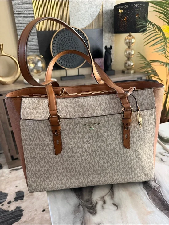 Michael Kors Beige & Brown MK Signature Tote