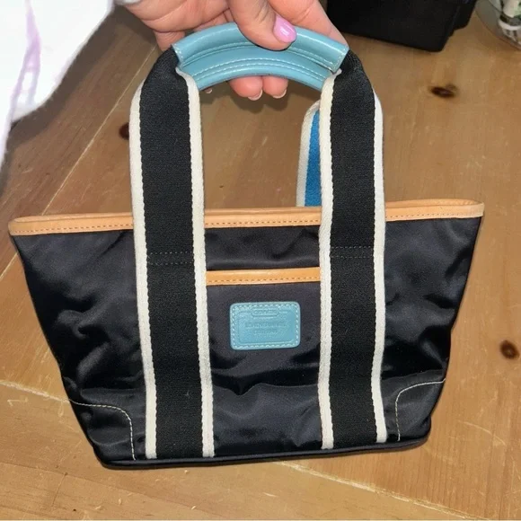 Black and Tan Tote Bag with Blue Handle