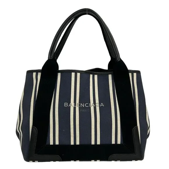 Balenciaga Navy Cabas S Tote Bag 339933 Navy White Black Canvas Leather