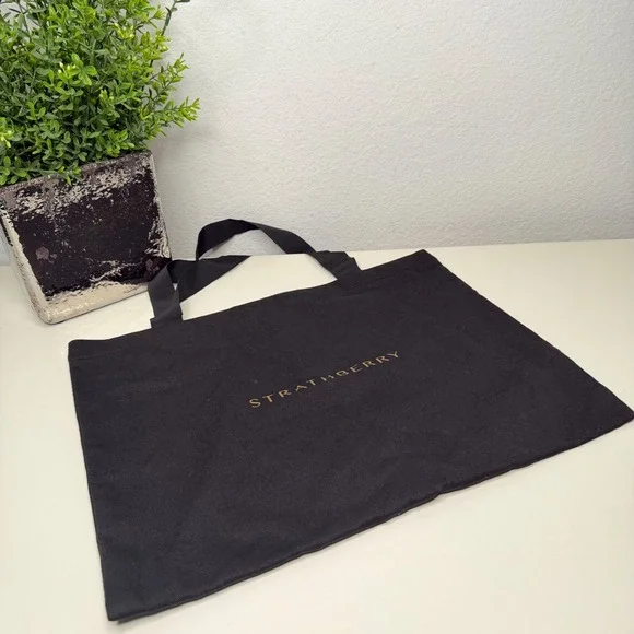 Strathberry Tote Bag Womens Black Organic Cotton Canvas Gold Logo Minimalist NEW