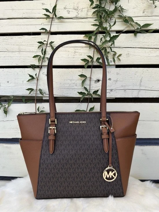 Michael Kors Brown MK Signature Tote with Gold Charm