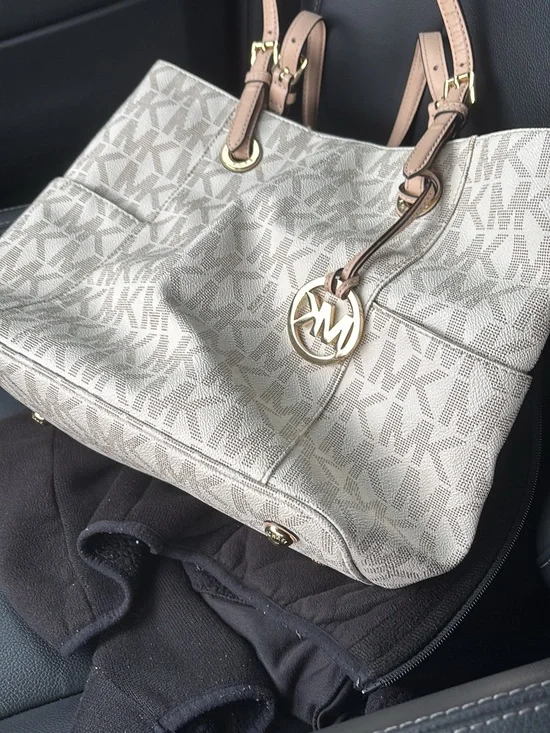 Michael Kors Beige Logo Tote with Tan Leather Straps