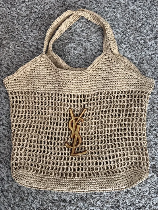 Natural Beige Crochet Tote with Gold YSL Logo