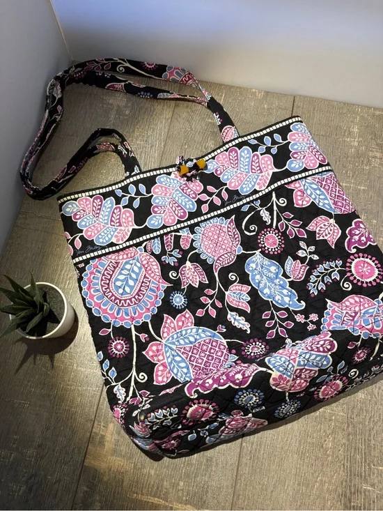 Vera Bradley Black Quilted Floral Tote with Pink & Light Blue