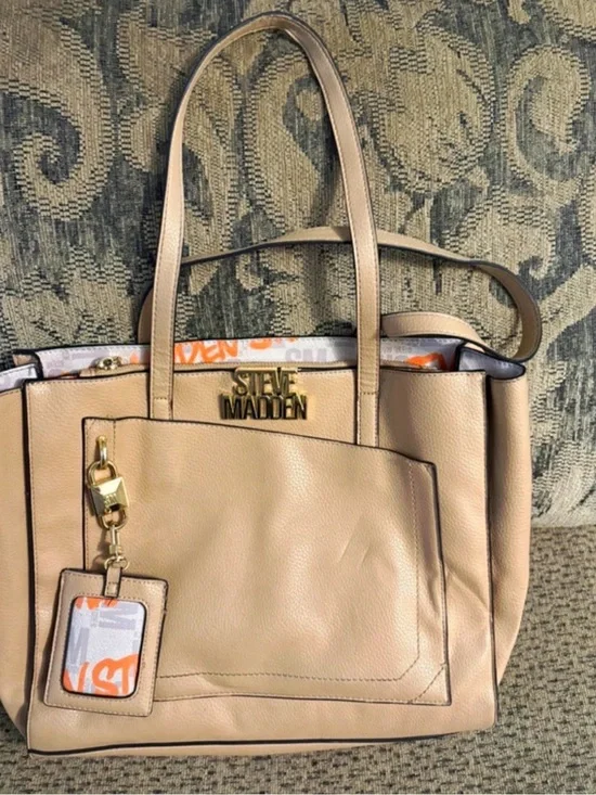 Steve Madden Tan Pebbled Tote with ID Charm