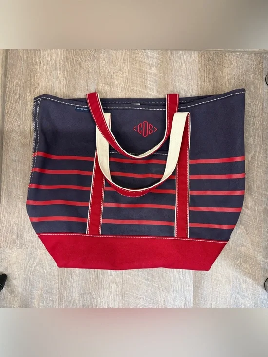 Lands' End Large Striped Canvas Boat Tote Bag Navy Red Monogram CDS 18