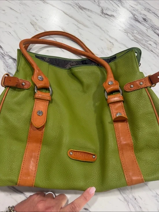 Valentino Green Leather Tote with Tan Leather Handles
