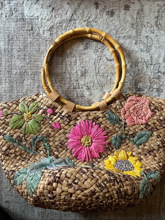 Express Straw Tote with Pink, Yellow & Green Floral Embroidery Bamboo Handles
