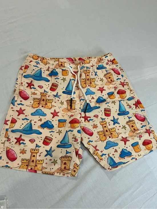 Boys Beach Print Swim Shorts - Cream with Multicolor