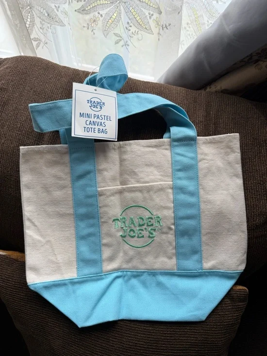 Trader Joe's Mini Pastel Canvas Tote Bag in Light Blue & Cream