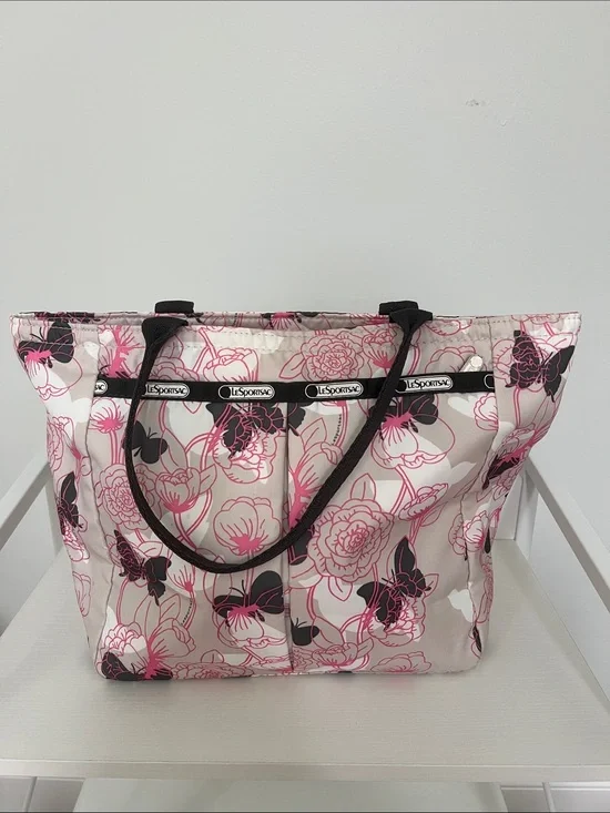 LeSportsac | Pink Tan White & Dark Gray Floral Tote Bag Size 9