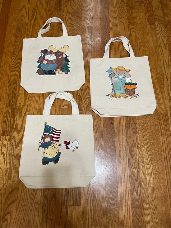 3 Canvas Totes Bag with Hand Painted Country Print - Cream