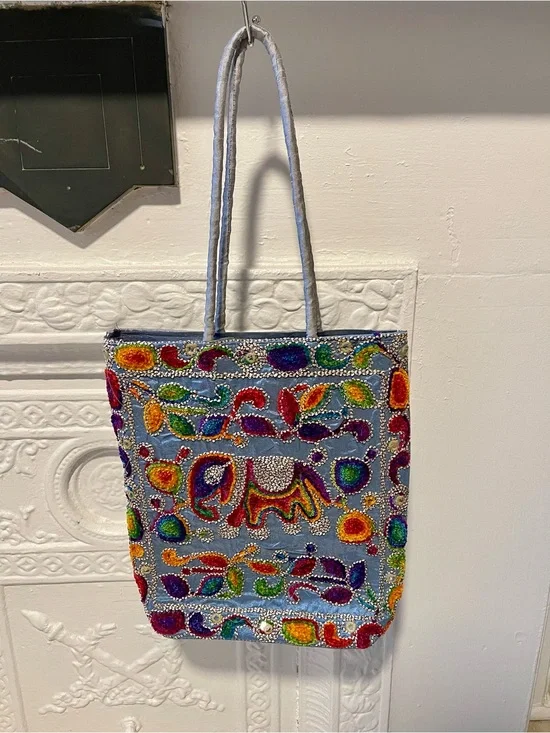 Boho Elephant Embroidered Tote Bag - Multicolor