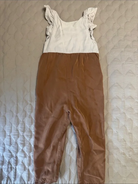 Zara Two-Tone Ruffle Strap Romper - White & Brown 4-5 years