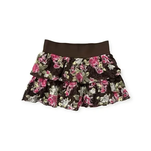 Justice Girl’s Brown Pink Floral Lace Pull-On Tiered Skater Skort Size 6