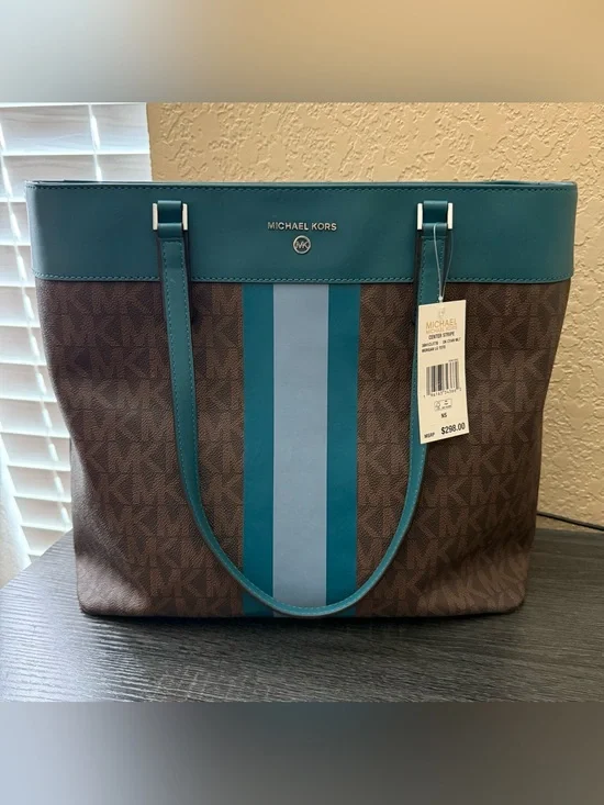 Michael Kors Teal and Light Blue Center-Stripe Logo Tote