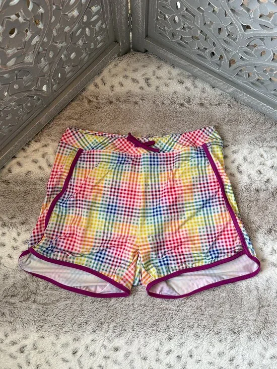 Lands' End rainbow plaid active shorts girls xlarge sporty athletic activewear