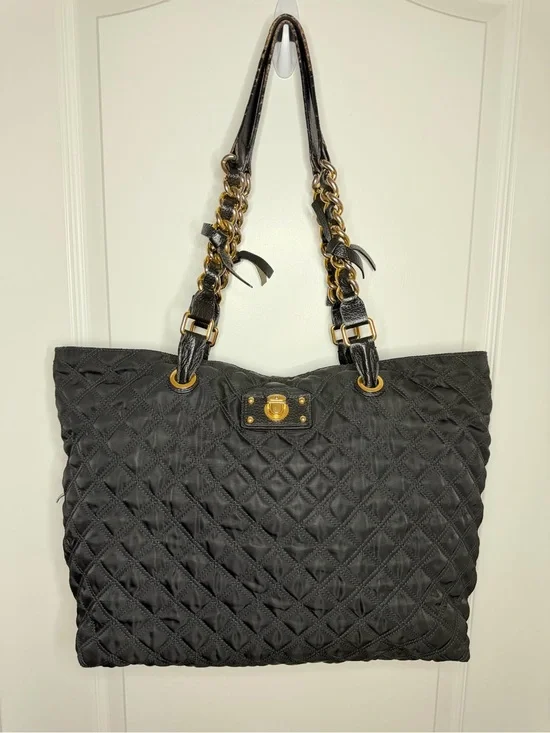 Marc Jacobs Black Quilted Nylon Tote Bag Leather Chain Strap Gold Hardware