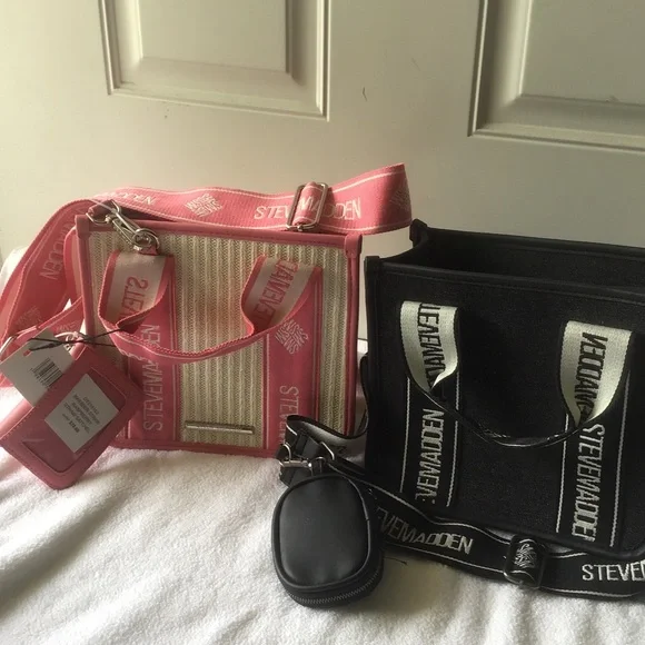 Steve Madden Pink Canvas Tote with Woven Panel,detachable Crossbody Strap