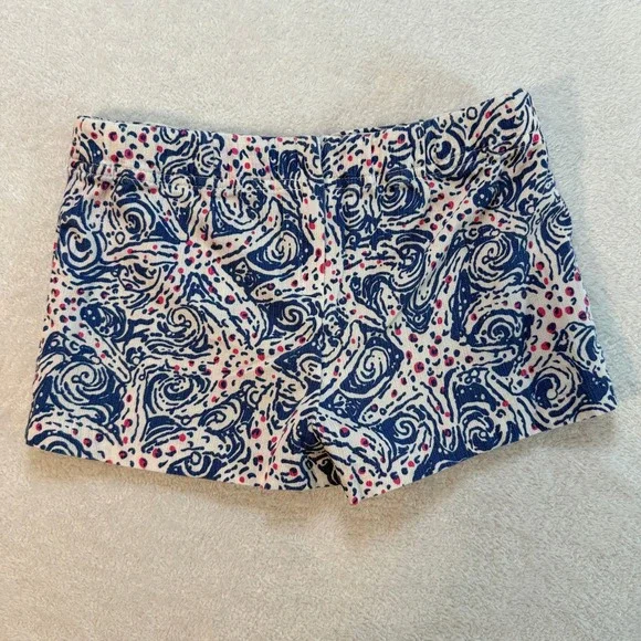Lilly Pulitzer Girls Blue White starfish Print Shorts with Crochet Trim Size 7