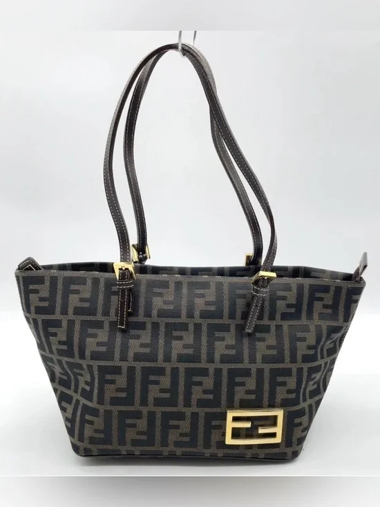 Authentic Fendi Mamma Bucket Zucca Nylon Leather Brown Hand/ Tote bag