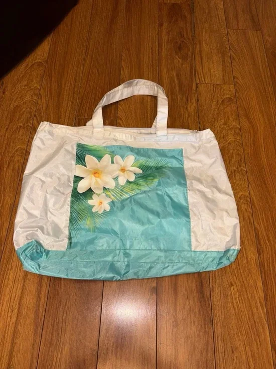 White and Turquoise Floral Tote Bag with Dual Handles
