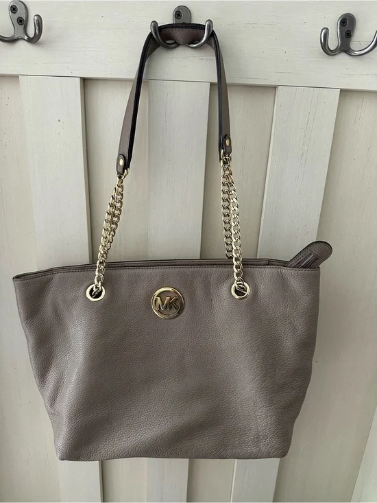 Michael Kors Pebbled Taupe Leather Tote with Gold Chain Straps