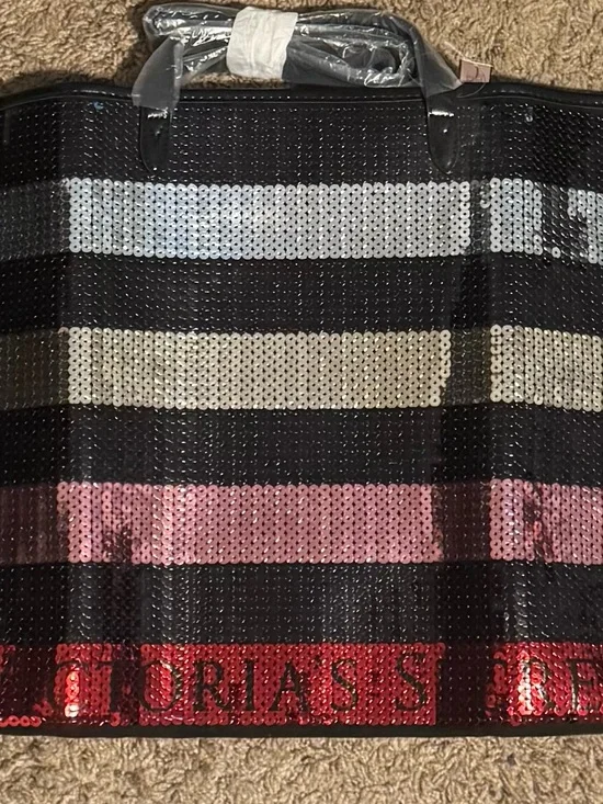 Victoria's Secret Black Sequin Stripe Tote with Pink and Red Accents