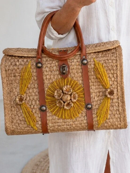 Woven Straw Tote Bag with Yellow Embroidery